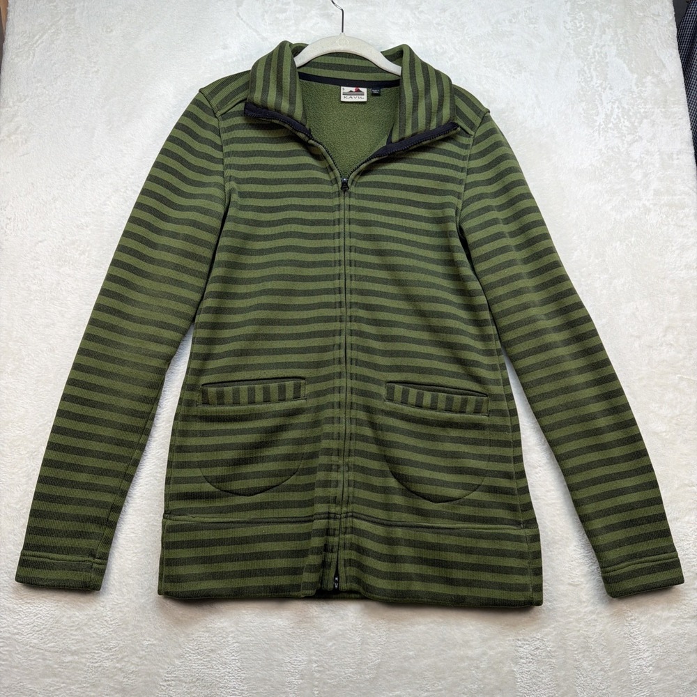 Kavu Zip Jacket Women's Small Green Striped Fleece Outdoor Coastal Layer